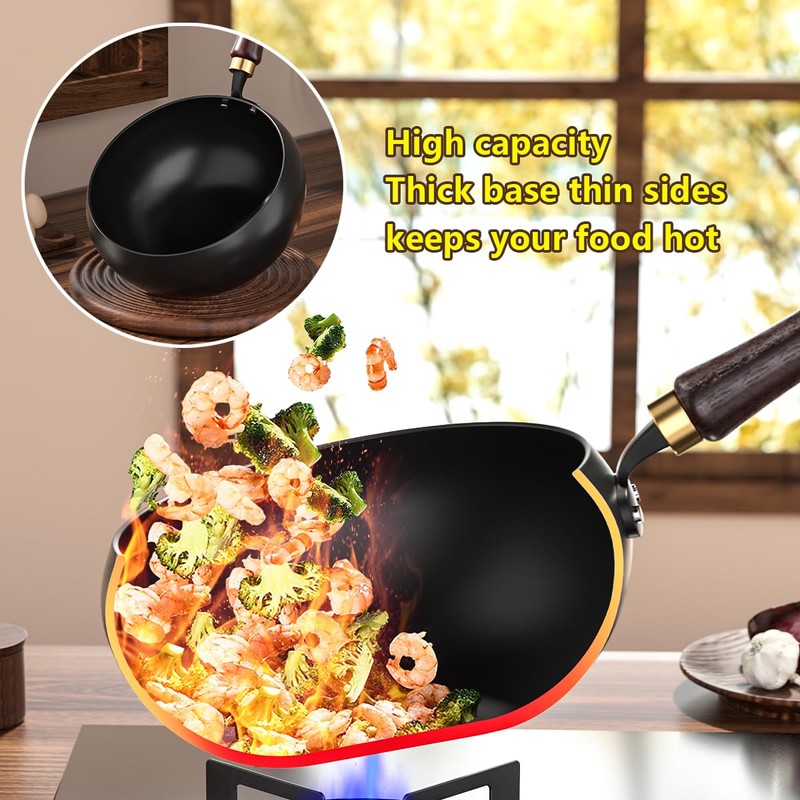 XINGMENGXIANG Pure Iron Wok, Uncoated Heats Evenly Multi-Purpose Frying Pan,