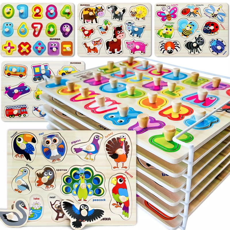 QUOKKA Wooden Puzzles for Toddlers 1-3 | 6 Pack with