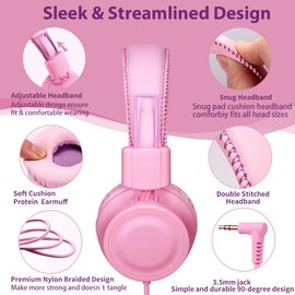 POWMEE M2 - Auriculares con cable para niños, plegables y ajustables, estéreo, sin enredos, cable jack de 3,5 mm, para niños, adolescentes, niñas, escuela, Kindle, avión, avión, (rosa)