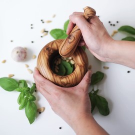 HOFMEISTER® Olive Wood Mortar - High-Quality Kitchen Utensils & Gift Idea - Stylish Mortar with Pestle for Herbs and Spices, Diameter 10 cm
