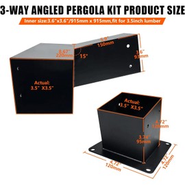 ITeVe.GD 15° Slanted Roof Pergola Brackets Kit,3-Way Right Angled Corner Bracket with Wall Mount Post Base for 4x4 (Actual:3.5"x3.5") Lumber for Outdoor Pergolas,Gazebos,Porchs(4 Pack)…