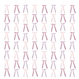 Coquette 8pc Pink Satin Ribbon Bow Garland String, Party Hanging Decorations for Birthday, Baby Shower, Bridal Shower & Bachelorette Party