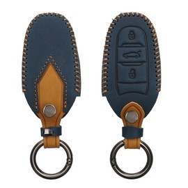 kwmobile Key Cover Compatible with Peugeot Citroen 3 Button Car Key Smart Key (only Keyless Go) - Faux Leather Car Key Fob Protector - Navy Blue/Light Brown