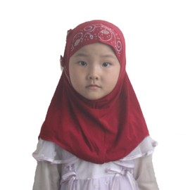 Modest Beauty girls Muslim Islamic Scarf Hijab Handmade flower lovely Rhinestone Headscarf for Kids Red