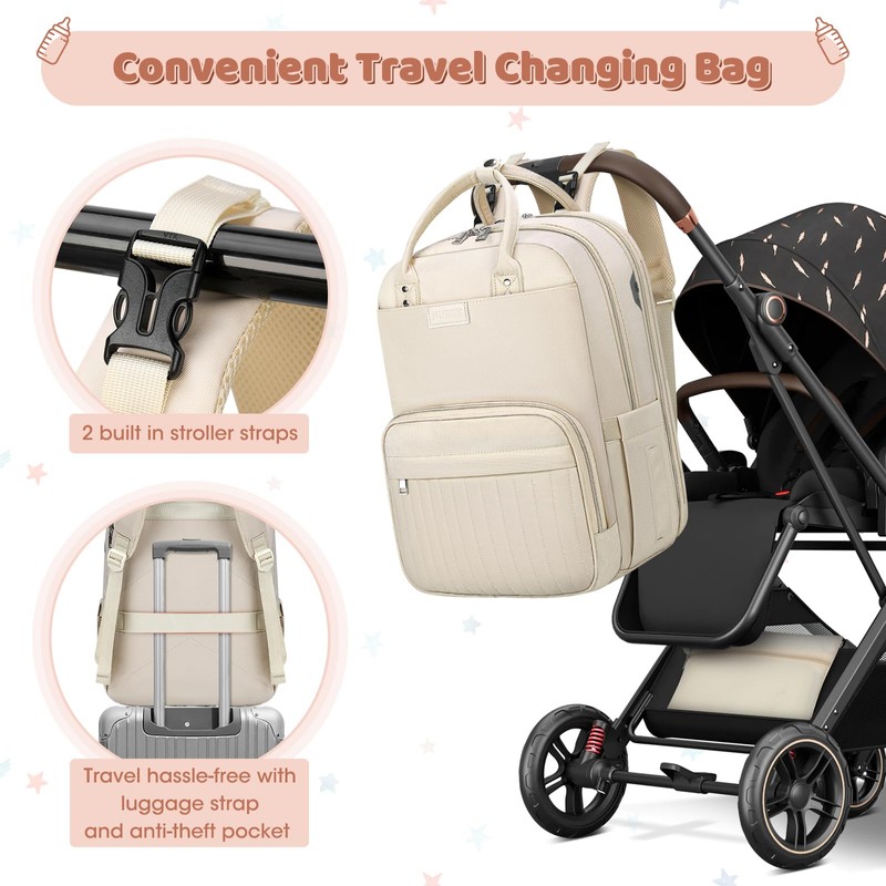 RAINSMORE Baby Changing Backpack Large Changing Bag Backpack with Pram