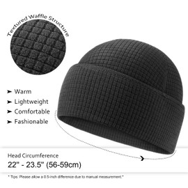 2 Pack Grid Fleece Cuffed Beanie Watch Cap Waffle Tactical Beanie Multi-Season Army Military Fleece Hat, All Weather Gear, One Size, Black/Black