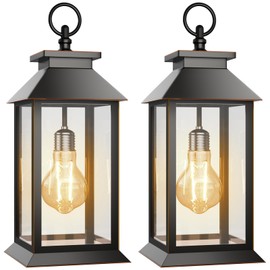 AYTPU 2 Pack Solar Lanterns Outdoor, Hanging Glass Solar Lights Waterproof, Dual Power Solar & 2*AA Battery, for Porch, Patio, Yard and Indoor Table or Mantel