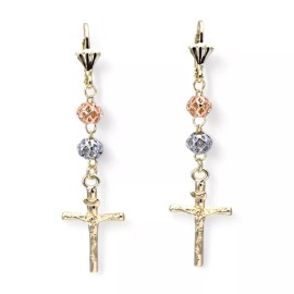 Virgin Mary Cross Three Tone Gold Plated Jesus Cross Drop Hoop Earrings