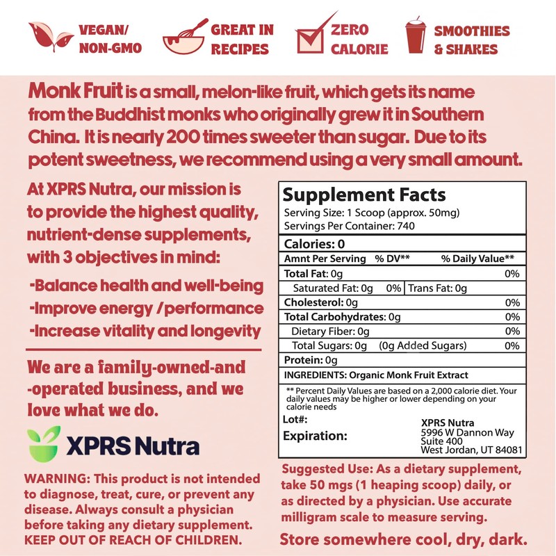 XPRS Nutra Monk Fruit Extract Powder - 1.3 Ounces of