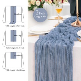 LIKHOPER Cheese Cloth Table Runner, 2 Pack 90 x 400CM Boho Gauze Fabric Long Table Runner, Dusty Blue Rustic Sheer Runner for Wedding, Bridal Shower Party Decoraiton