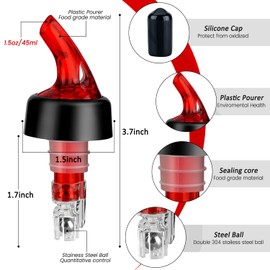 NFFIBDH Automatic Measured Bottle Pourer - Quick Shot Spirit Liquor Pour Spouts with Dust Caps for Wine Cocktail Beverages - Ideal Home Bar Tools 1.5 oz / 45ml (Red, 4 Pack)