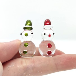 Sansukjai Rare Snowman Tiny Micro Figurines Hand Blown Glass Art Collectible Home Decor, Red Green