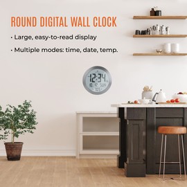 Marathon 10-Inch Round Digital Wall Clock, Stainless Steel - Large, Easy-to-Read Display - AM/PM or 24-Hour Time, Eight Time Zones, Indoor Temperature, Date