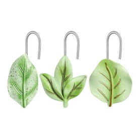 12PCS Shower Curtain Decor Hooks, Plant Eucalyptus Flower Leaf Stainless Steel Hooks Cute Shower Curtain Rings Bathroom Accessories (Green Eucalyptus Leaves)