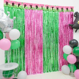 Witch Birthday Party Supplies, Including 2 Pack Pink and Green Foil Fringe Curtains, Witch Party Balloons & Witch Themed Birthday Banner for Witch Themed Photo Booth Prop Streamers Backdrop