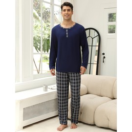 Ekouaer Men's Pyjamas Set Long Sleeve Soft Pj's Top and Plaid Bottoms for Sleepwear Loungewear with Pockets