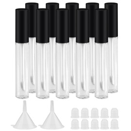 GTHER 10PCS 10ML Empty Lip Gloss Containers Tube & Black Lid & Brush Tip Applicator Wand & Funnel & Rubber Stoppers for DIY Lip Refillable Makeup, Black