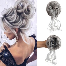 Claw Clip Messy Bun Hair Piece Tousled Updo Hair Buns Extension Elastic Hair Band Hair Pieces Curly Hair Bun Scrunchie For Women (Silver Grey)