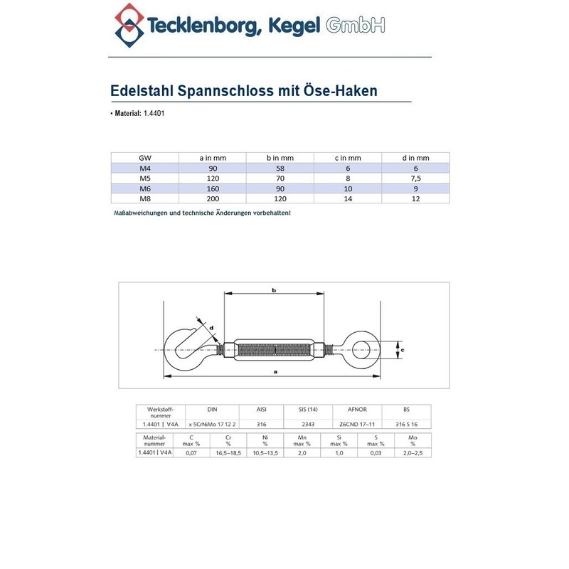 Tecklenborg, Kegel GmbH 5 x Stainless Steel Turnbuckles M5 Rust-Proof