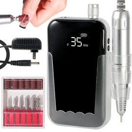 ANRLO Professional Electric Nail Drill, 45000 RPM Cordless Rechargeable E-File Machine, with 12 Bits, Sanding Bands, LCD Display for Acrylic Gel Nails (DMJ-BLY-P30-Black)