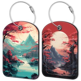 2 PCS Leather Luggage Tag for Suitcase Japanese Mountains Travel Suitcase Labels with Privacy Name ID Label and Stainless Steel Loop for Adults Teens Travel Bag Labels Set