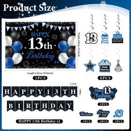 13th Birthday Decorations for Boys Girls Black Teenager Party Decorations with Happy 13th Birthday Banner Number Balloons, Hanging Swirls, Pom Poms, Backdrop Teen Supplies for 13 Years Old