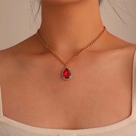 Cybche Vintage Created Ruby Necklace Red Crystal Pendent Necklace Ruby Teardrop Necklace Gold Curb Chain Choker Necklace Red Cz Necklace Jewelry for Women