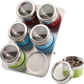 Design Stainless Steel Spice Rack Spice Dispenser Magnetic with 6 Coloured Spice Jars with Viewing Window Space Saving Kitchen for Cooking