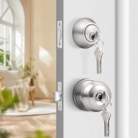 Probrico Keyed Alike Entry Door Knob and Single Cylinder Deadbolt Lockset, Brushed Nickel Front Door Knob with Key and Deadbolt, 1 Pack