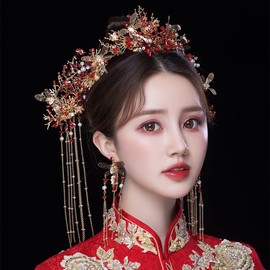 Getrelax Red and Gold Chinese Wedding Bride Hair Accessory Crown Headband