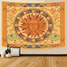 Waykingo Hippie Sun Tapestry Wall Hanging, Zodiac Astrology Signs Indie Tarot Tapestries Bohemian Gold, Yellow Flower Celestial Hippy Tapistry Banner Poster Vintage for Bedroom Living Room Aesthetic