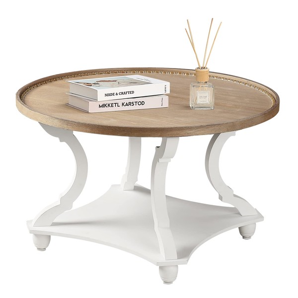 Wnutrees Farmhouse Round Coffee Table,Wood Tray Top Circle Coffee Table