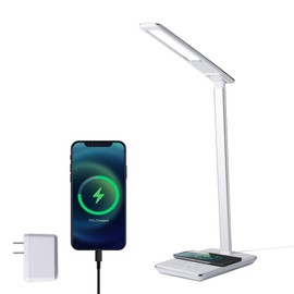 Tecgear Multifunctional LED Desk Lamp with Wireless Charger, USB Charging Port, 4 Light Modes, 6 Brightness, Touch Control, 1/2 hr Auto Timer, Eye-Caring Office Lamp with Adapter (White)