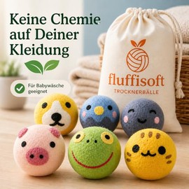 Pack of 6 Dryer Balls - 100% Sheep's Wool - Softer Laundry Without Chemicals - Save Energy - Includes Cloth Bag