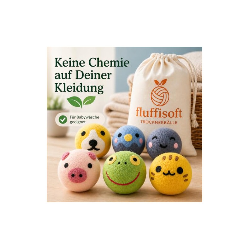 Pack of 6 Dryer Balls - 100% Sheep's Wool -