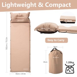 BISINNA Self Inflating Sleeping Pad Thick Foam Sleeping Mattress with Pillow for Camping Lightweight Insulated Sleeping Mat Fast Inflating for Camping Travel Car Tent 1.2inches