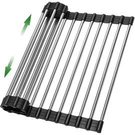 Expandable Large Roll Up Dish Drying Rack 18 Tube 21.25x12.79''Collapsible Over The Sink Rack Non-Slip Silicone Rolling Dish Drainer SUS304 Stainless Steel Roll Rack for Kitchen Sink Counter (Gray)