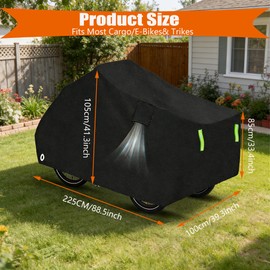 Cargo Bike Cover, Waterproof 420D Oxford Fabric Trike Covers with Keyhole Reflective Strips Buckle, UV protection Windproof Tear-Resistant, for Electric Adult Tricycle Bicycle, 225 × 100 × 105 cm