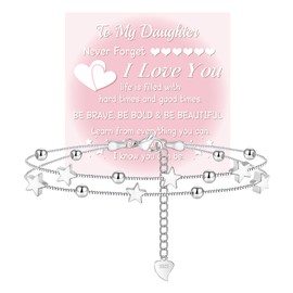 QianSiLi Daughter Gifts from Mom Sterling Silver Charm Bracelets for Women Teen Dainty Star Silver Link Chain Beaded Bracelet Birthday Christmas Valentine's Day Gifts for Women Daughter