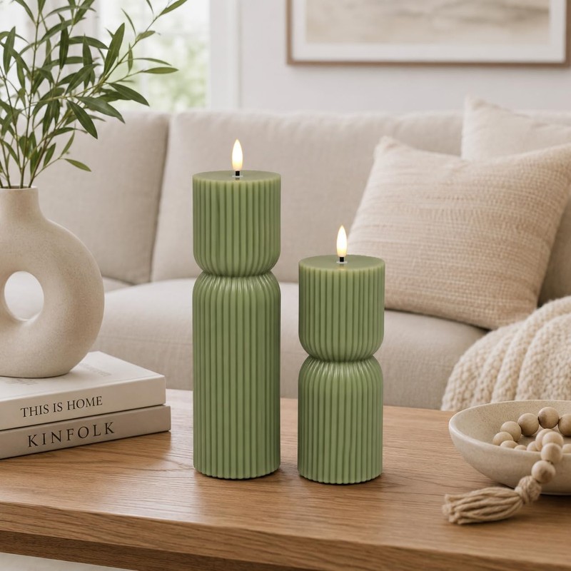 JOIONE Ribbed Green LED Flameless Candles 2 Pack with Remote