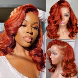 Afribye Ginger Wig Human Hair 200% Density 13x6 350 Ginger Body Wave Lace Front Wigs Human Hair Pre Plucked Short Wigs for Black Women Glueless Frontal Wig Human Hair Loose Wavy 16 inch