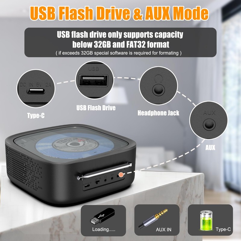 Portable CD Player Bluetooth,Desktop CD Player with Bluetooth Music Boombox