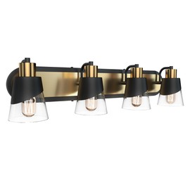 URSOLA Bathroom Vanity Light, 4 Lights Bathroom Light Fixtures, 28.3 inch Bathroom Light Fixtures Over Mirror, Black and Gold, with Bevelled Edge and Clear Glass Shade Wall Lamp