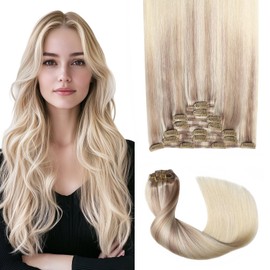 Sweetmet Pro2.0 Remy Clip in Extensions Real Human Hair #18/22/60 Balayage Ash Blonde to Golden Blonde and Platinum Blonde Clip in Hair Extensions Real Human Hair 18inch 7pcs 120g（#18/22/60-18inch）