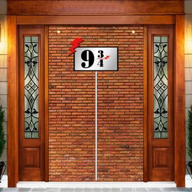 Aurasky Brick Wall Background, 9 and 3/4 Cross Station Sign Brick Wall Party Background Door Curtains for Wizard Brown Wall Decoration, Banner Door Curtains, Secret Passage to Magic School