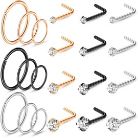 ONESING 21 Pcs 20G Nose Rings for Women Nose Hoops Nose Rings Studs Stainless Steel Nose Piering Jewelry for Women Men