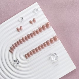 KQueenest French Cat Eye Press On Nails Short Coffin, 30 Pcs Glitter Pastel Nude Pink Press On Nails Summer, Sparkly Fake Nails With Glue, Glass Nails Press ons, Reusable Stick on Nail for Women Gift