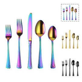 X-Haoware 40-Piece Colorful Stainless Steel Flatware Set for 8, Rainbow Cutlery Set include Knives, Forks and Spoons, Vibrant Dishwasher Safe Silverware for Parties, Weddings & Family Dining