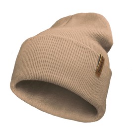 Unisex Ladies Soft Feel Turn up or Slouch Knit Beanie Hat Warm Winter Woolly Hat-Camel