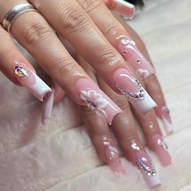 SINHOT French Tip Press on Nails Long Square Fake Nails 3D Bow Tie Acrylic Nails Glossy Glue on Nails Luxury Rhinestones Squoval Artificial Nails Stick on False Nails with Design 24 pcs